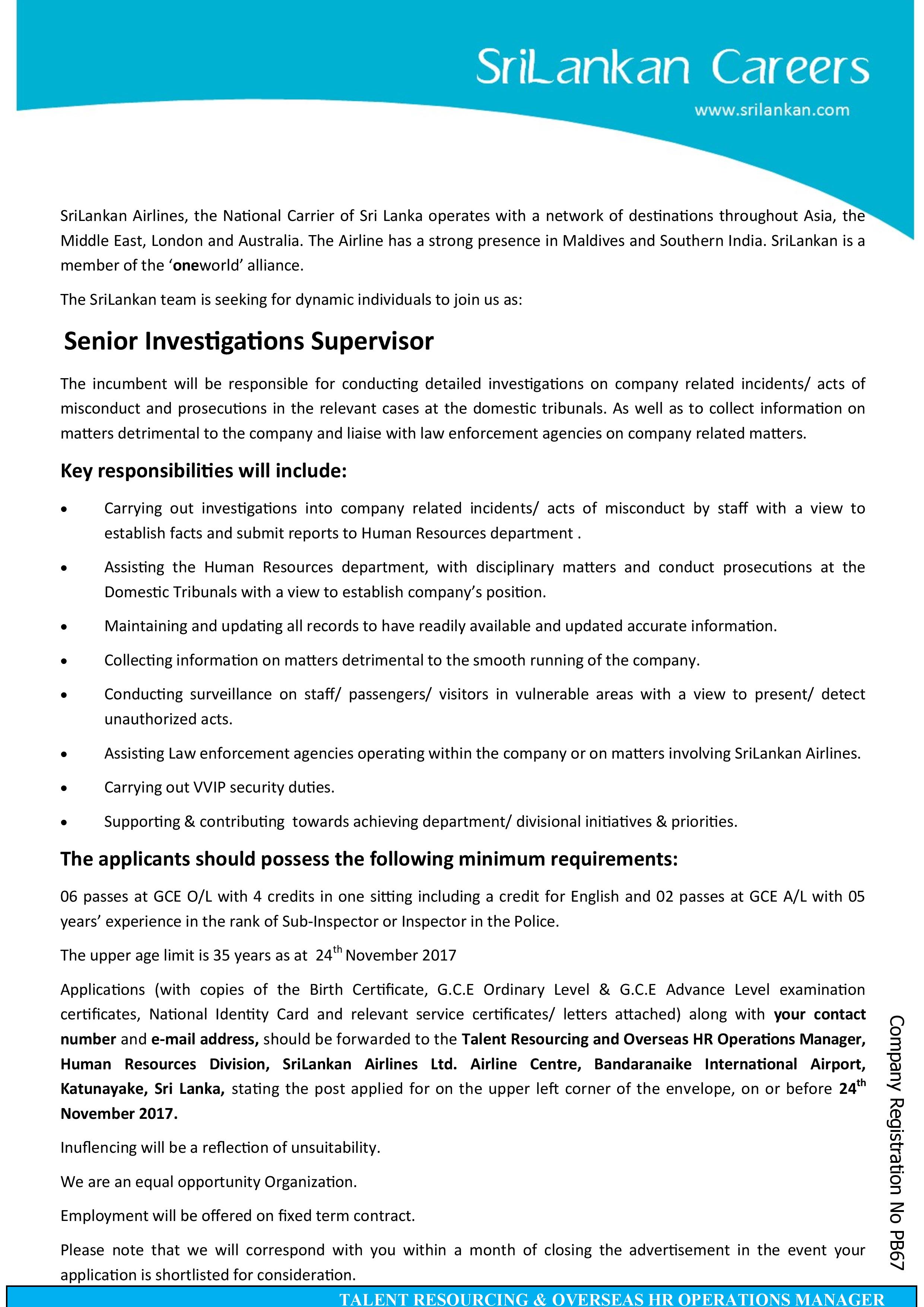 Senior Investigation Supervisor - SriLankan Airlines